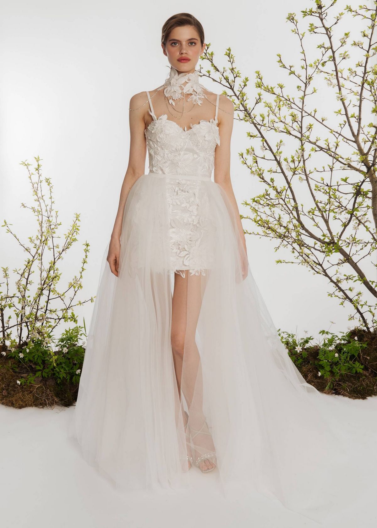 Rara Avis short lace wedding dress with skirt Solano at Dell'Amore Bridal, NZ. 11