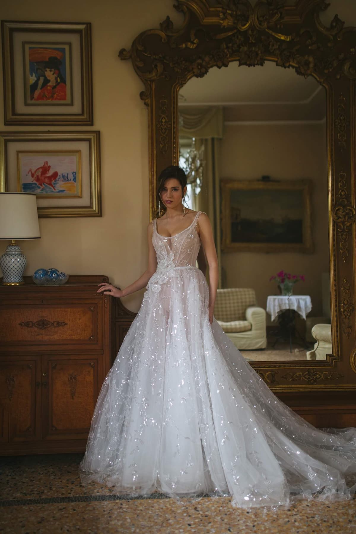 Glitter wedding dress Topaz with sparkling beads and flowers, open back, and long train by rara avis, nz 3