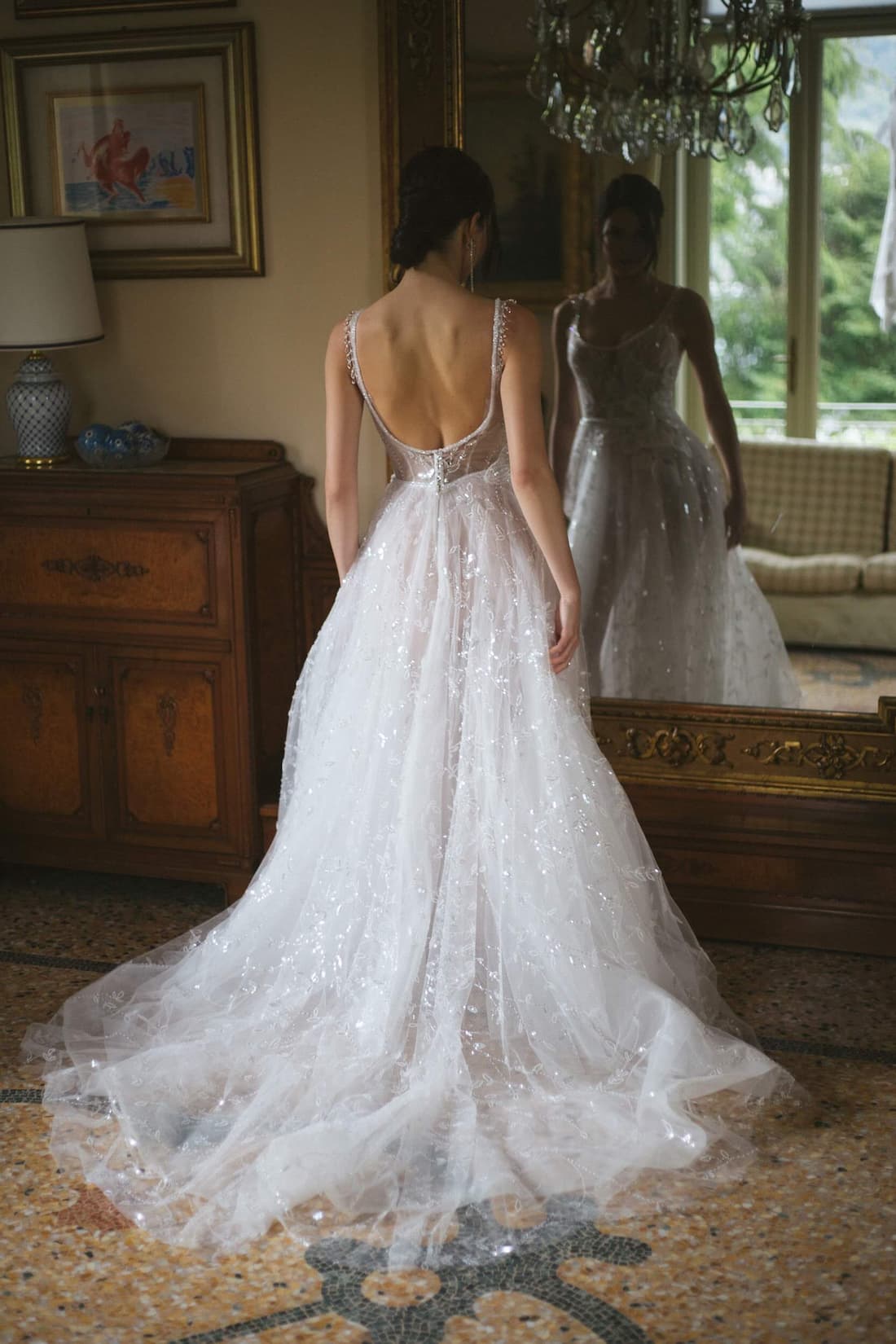 Glitter wedding dress Topaz with sparkling beads and flowers, open back, and long train by rara avis, nz 2