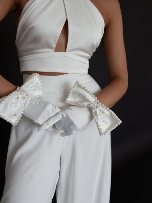 satin short gloves with a bow and pearls, auckland, nz