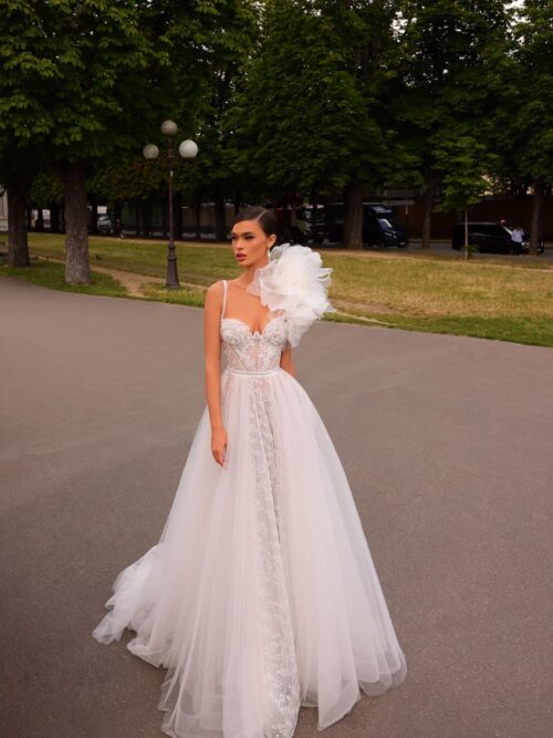 A-silhouette lace, sweetheart wedding dress Yashma with a train by Rara Avis at Dell'Amore Bridal, Auckland, NZ. 6