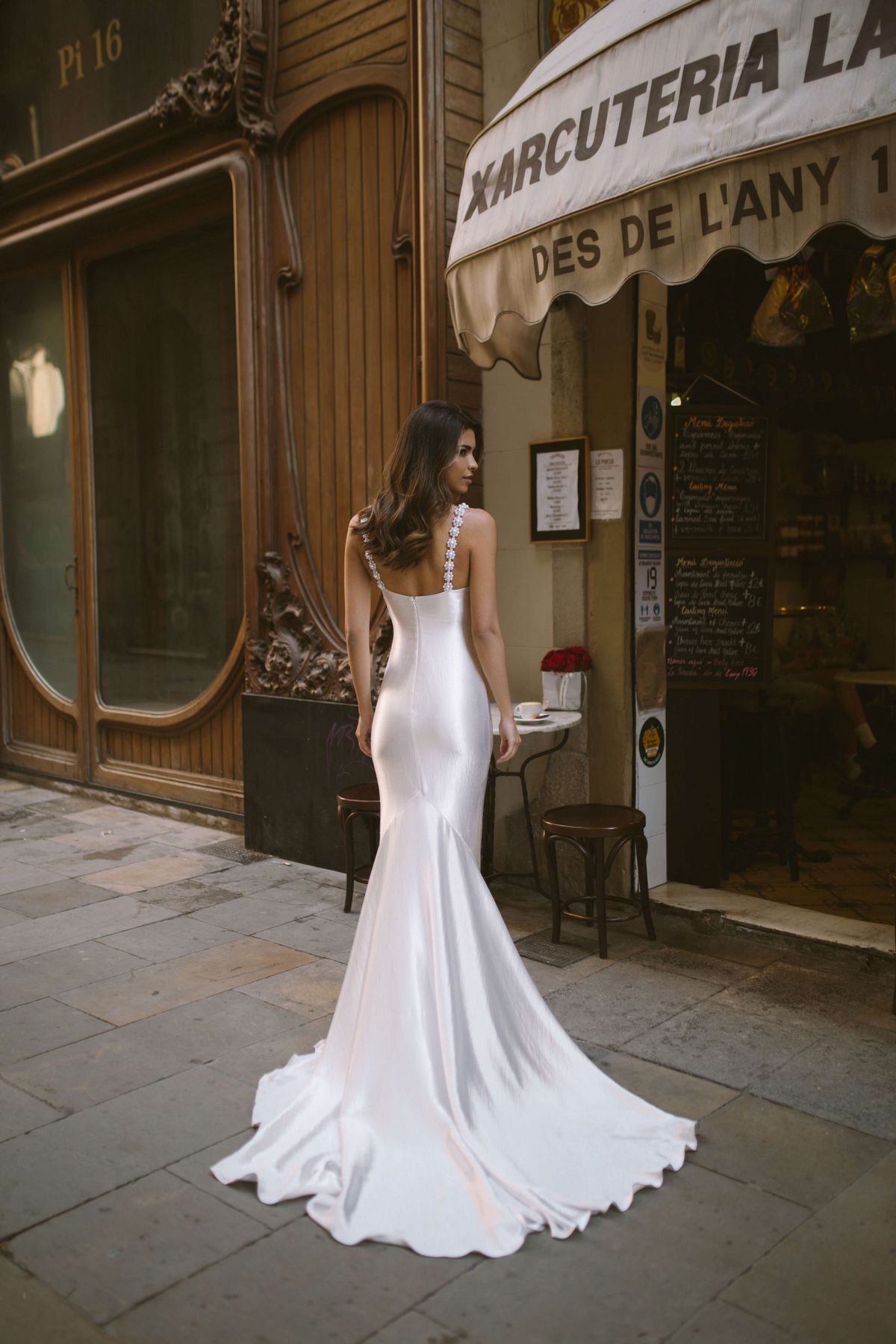 Satin mermaid silhouette wedding dress Panacotta with shoulder pearl straps by rara avis. 3