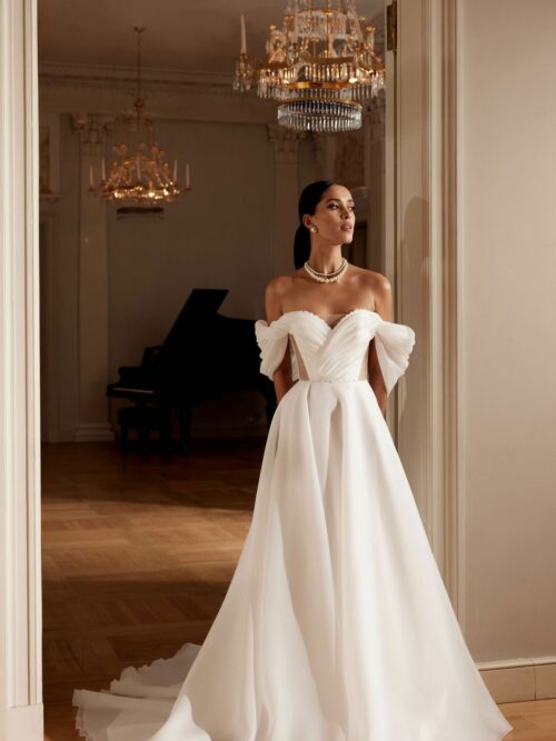 Satin A silhouette wedding dress with beads by blammo biamo. 1