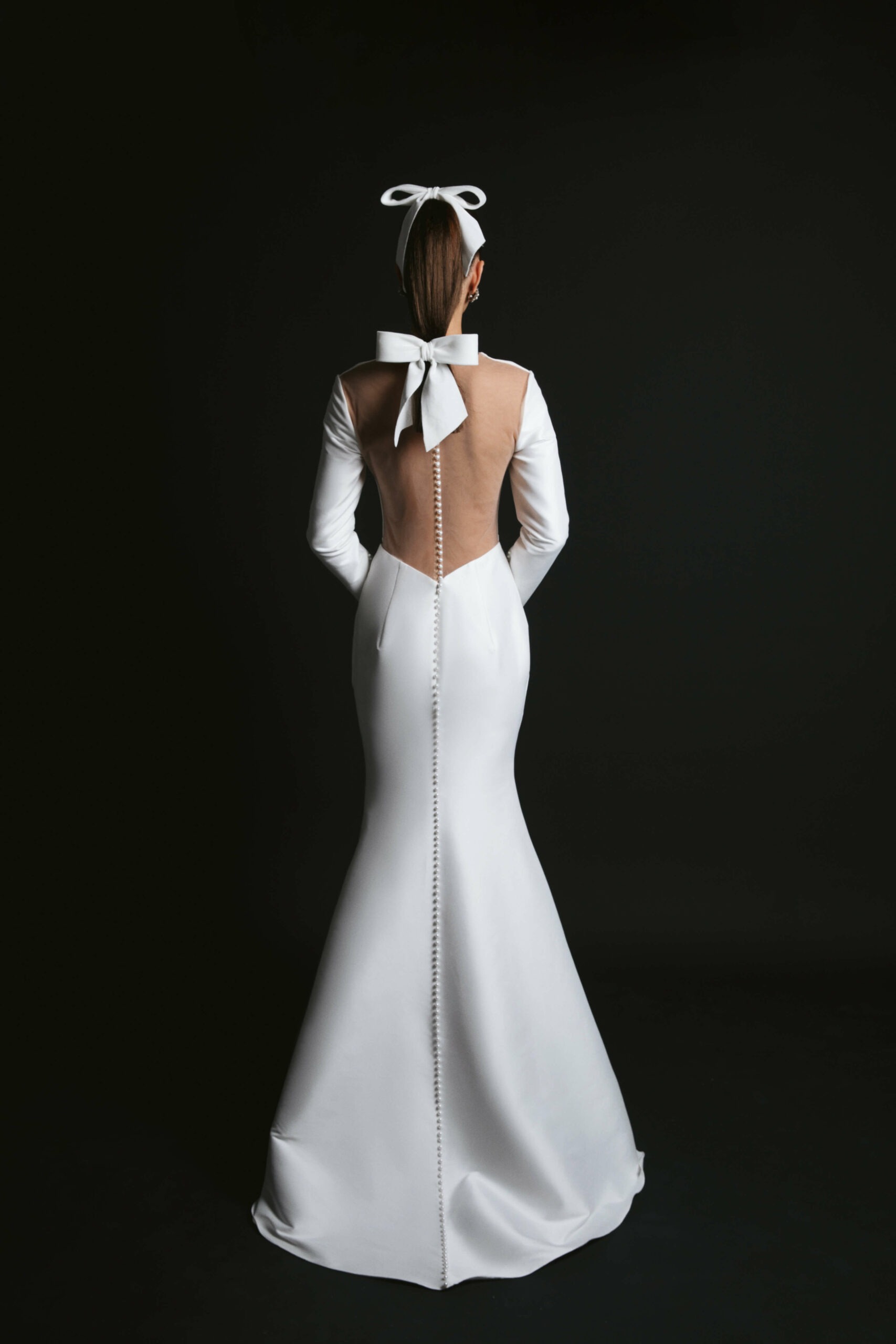 simple satin wedding dress with deepv-ncekline and open back by ange etoiles designer from dell'amore bridal, nz 3