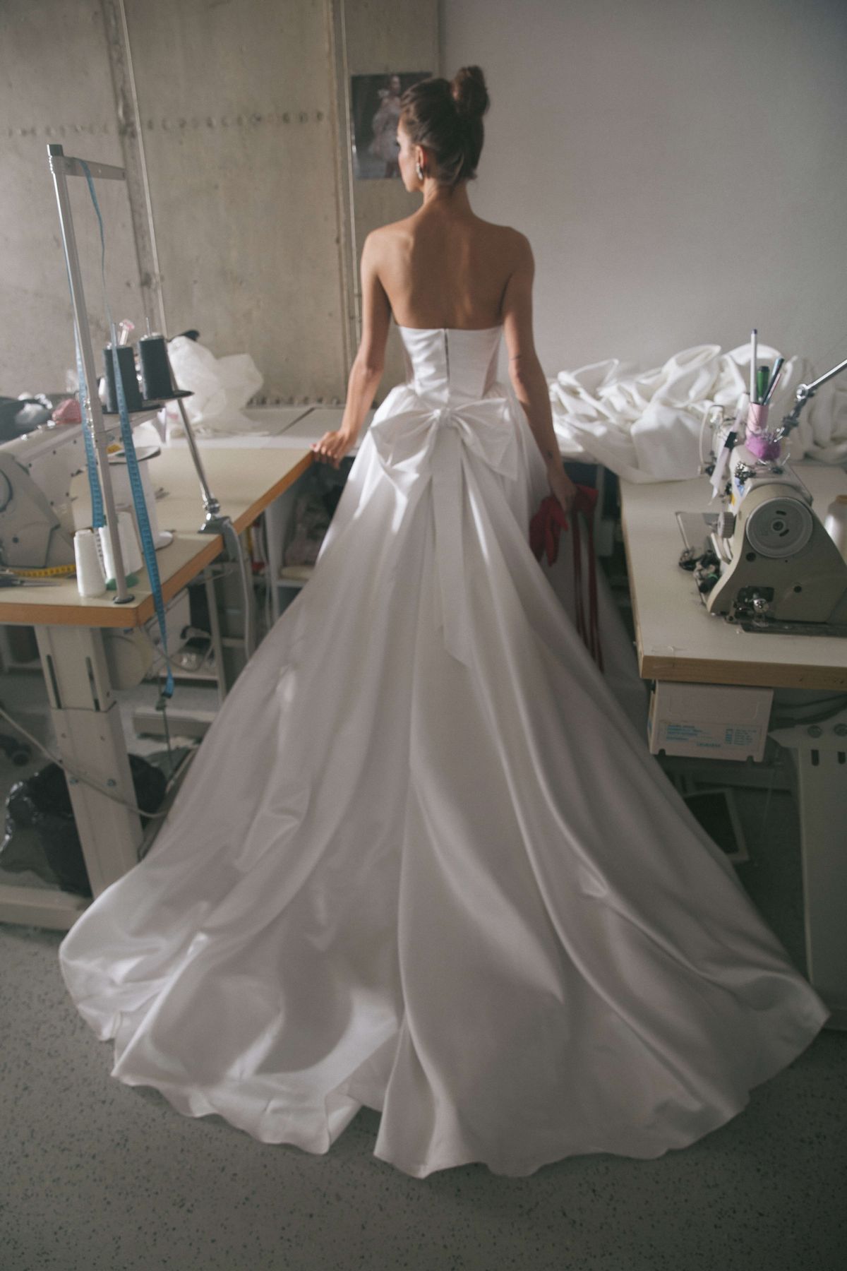 simple wedding dress Viura with the bow on the bodice neckline and on the back of the dress by ange etoiles, nz 2