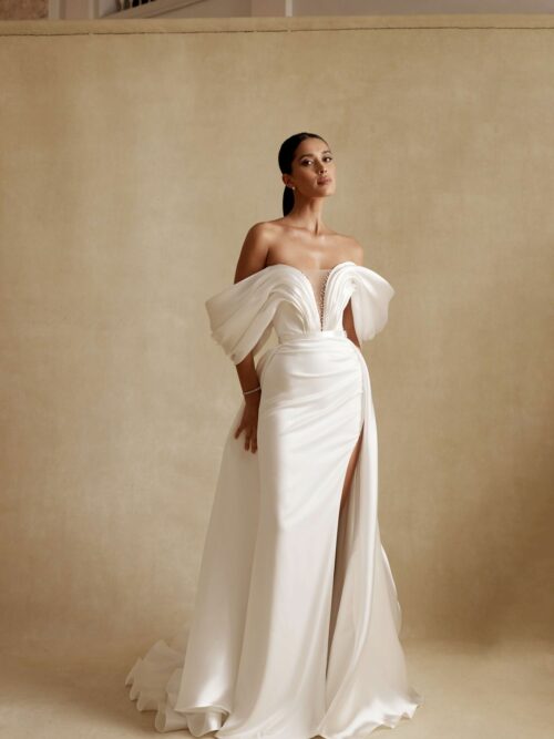 satin convertable wedding dress Izola with overskirt by rara avis, nz 5